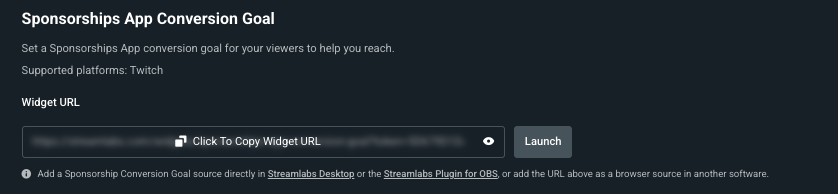 Sponsorship App Conversion Goal widget URL